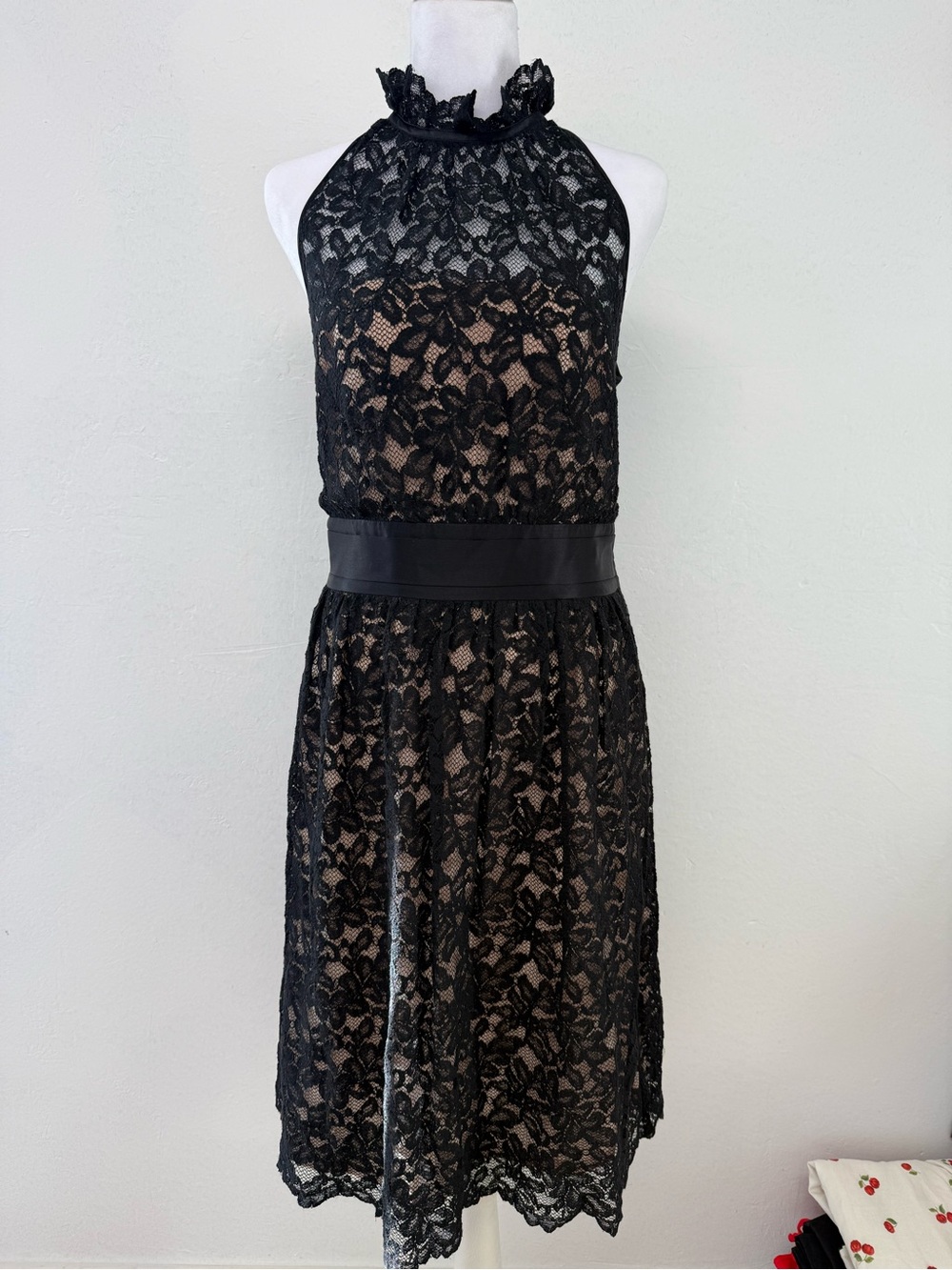 Banana Republic Black Lace Halter Midi Dress with Nude Underlay